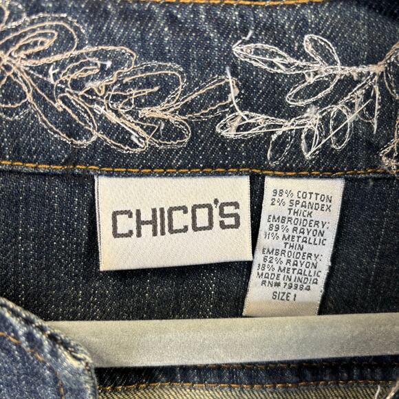 Chicos Silver Denim Jacket Medium Boho Artsy Embroidery Maximal Embellish Floral - Picture 5 of 11